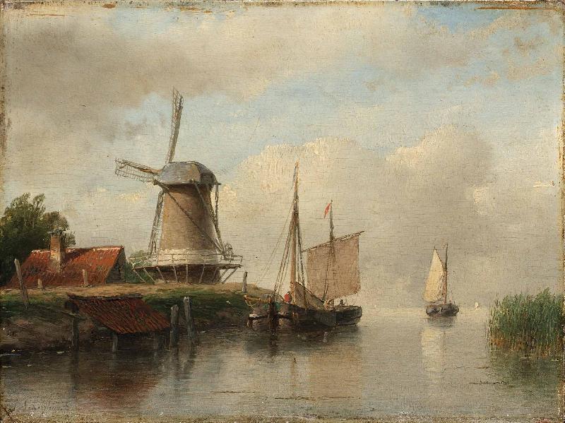 Andreas Schelfhout Dutch boats moored on a river beside a windmill oil painting image